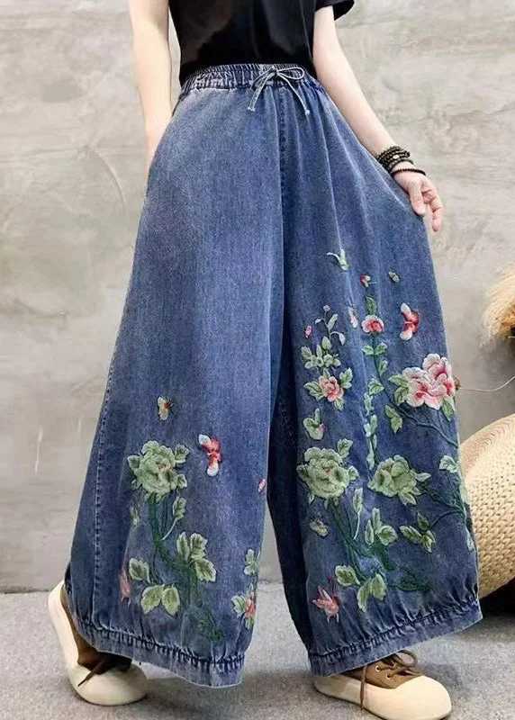 Sports And Leisure Vintage Blue Embroidered Elastic Waist Denim Wide Leg Pants Spring