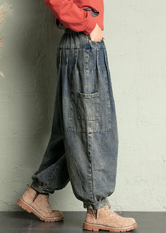 High-end Design Vintage Blue Pockets Elastic Waist Denim Crop Pants Spring