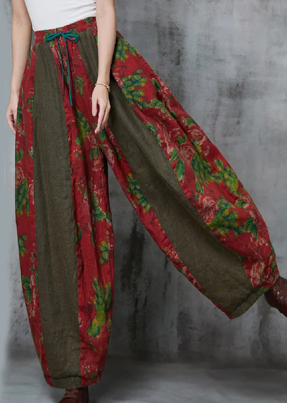 Simple Comfort Vintage Red Oversized Patchwork Print Linen Harem Pants Spring