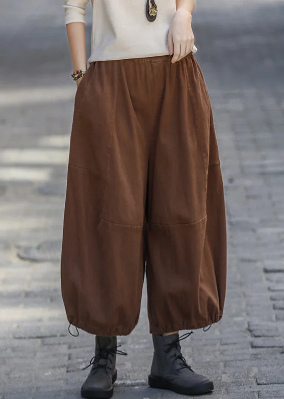 Unique Design Women Coffee Pockets Elastic Waistk Cotton Crop Pants Summer