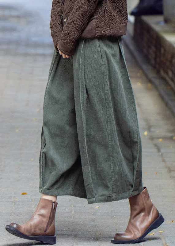 Spiritual Vitality Women Green Solid High Waist Corduroy Wide Leg Pants Spring