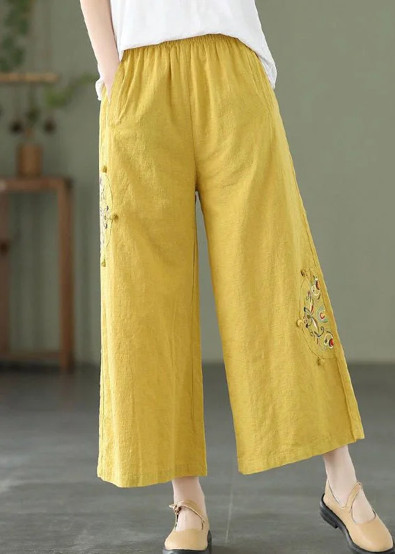 Simple Solid Color Yellow Pockets Cotton Wide Leg Pants Elastic Waist